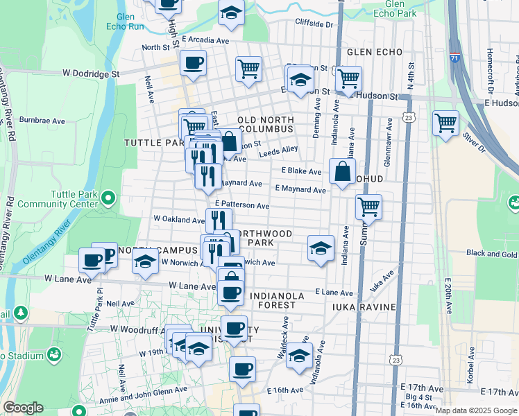map of restaurants, bars, coffee shops, grocery stores, and more near 105 East Patterson Avenue in Columbus