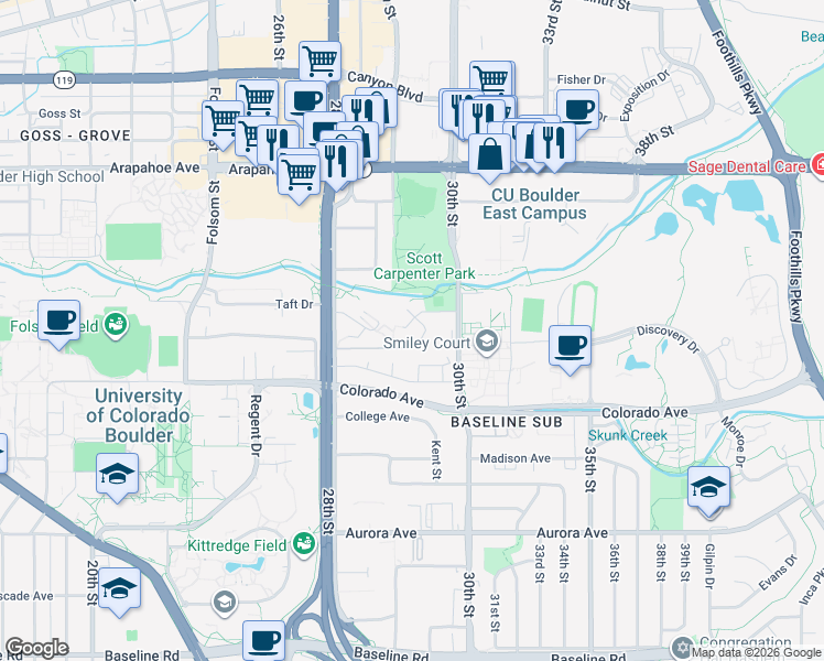 map of restaurants, bars, coffee shops, grocery stores, and more near 2932 Shadow Creek Drive in Boulder