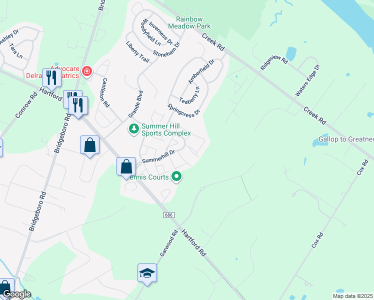 map of restaurants, bars, coffee shops, grocery stores, and more near 269 Rosebay Court in Delran