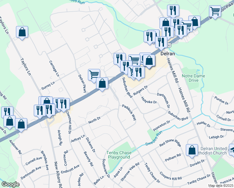 map of restaurants, bars, coffee shops, grocery stores, and more near 192 Tenby Chase Drive in Delran