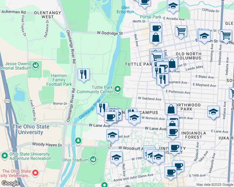map of restaurants, bars, coffee shops, grocery stores, and more near 240 West Oakland Avenue in Columbus