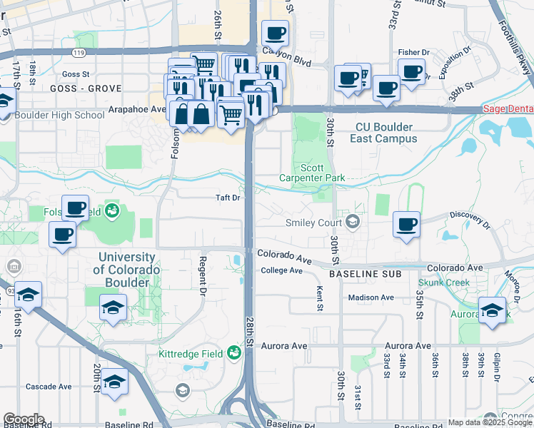 map of restaurants, bars, coffee shops, grocery stores, and more near 2821 Springdale Lane in Boulder