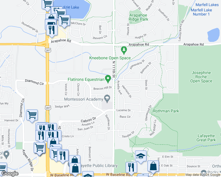 map of restaurants, bars, coffee shops, grocery stores, and more near 100 West Beacon Hill Drive in Lafayette