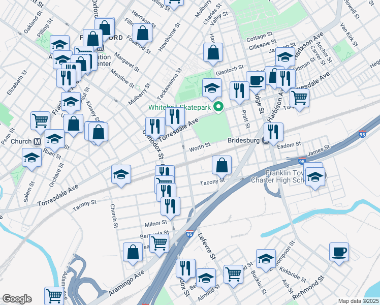 map of restaurants, bars, coffee shops, grocery stores, and more near 4713 Worth Street in Philadelphia
