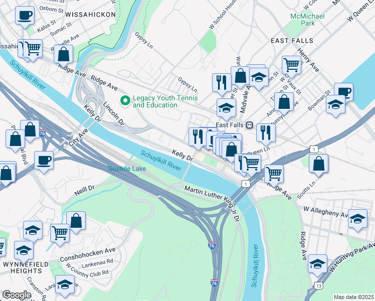 map of restaurants, bars, coffee shops, grocery stores, and more near 4333 Kelly Drive in Philadelphia