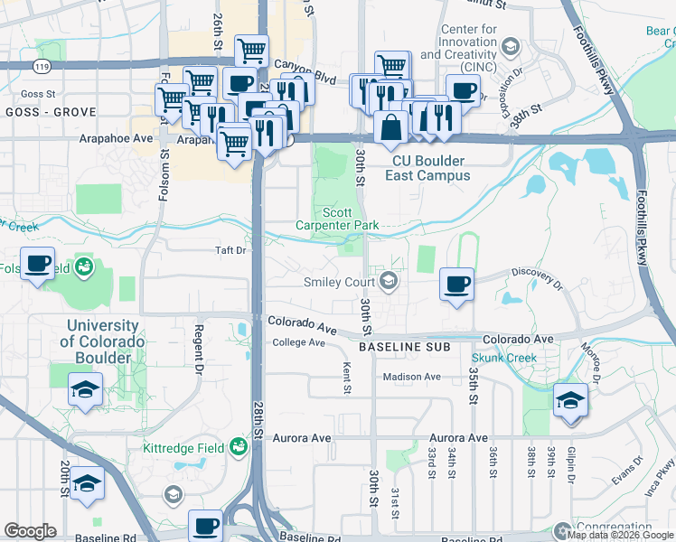 map of restaurants, bars, coffee shops, grocery stores, and more near 2932 Shadow Creek Drive in Boulder