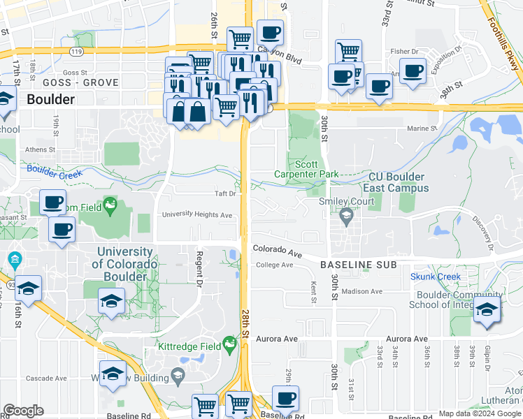 map of restaurants, bars, coffee shops, grocery stores, and more near 2821 Springdale Lane in Boulder