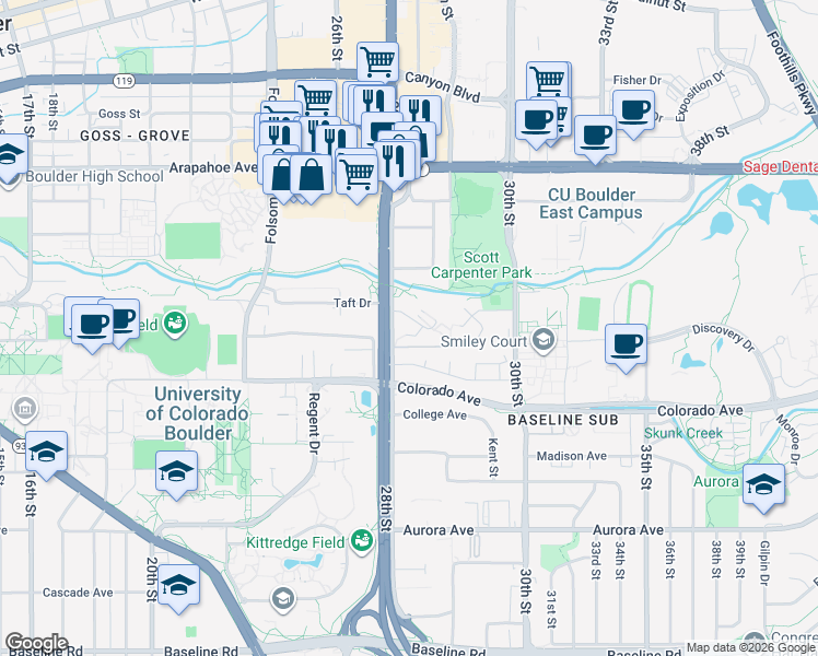 map of restaurants, bars, coffee shops, grocery stores, and more near 2821 Springdale Lane in Boulder