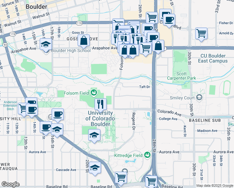 map of restaurants, bars, coffee shops, grocery stores, and more near 1290 Folsom Street in Boulder