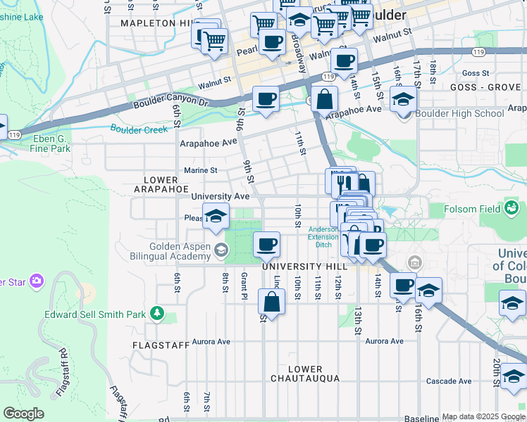 map of restaurants, bars, coffee shops, grocery stores, and more near in Boulder