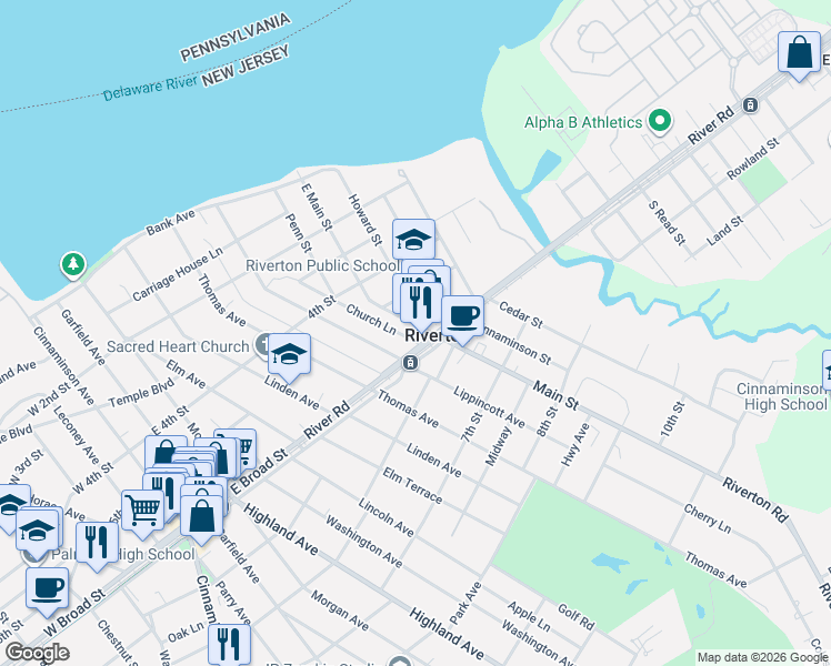 map of restaurants, bars, coffee shops, grocery stores, and more near 526 Main Street in Riverton