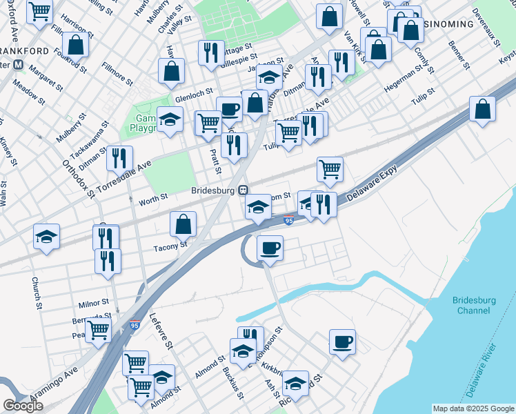 map of restaurants, bars, coffee shops, grocery stores, and more near 2241 Bridge Street in Philadelphia