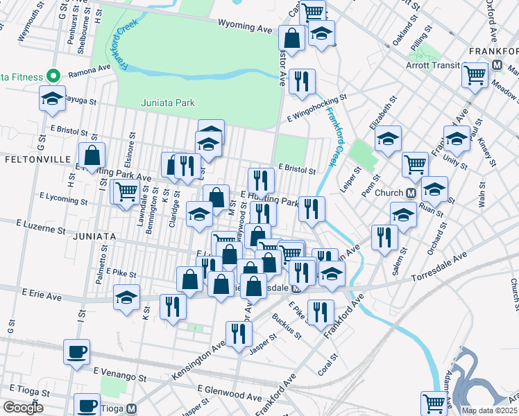 map of restaurants, bars, coffee shops, grocery stores, and more near 4132 Markland Street in Philadelphia