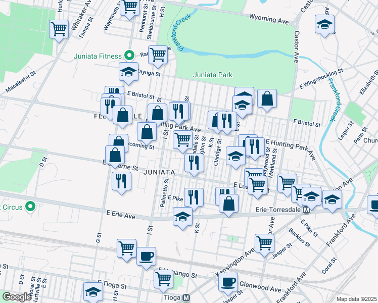 map of restaurants, bars, coffee shops, grocery stores, and more near 4043 J Street in Philadelphia