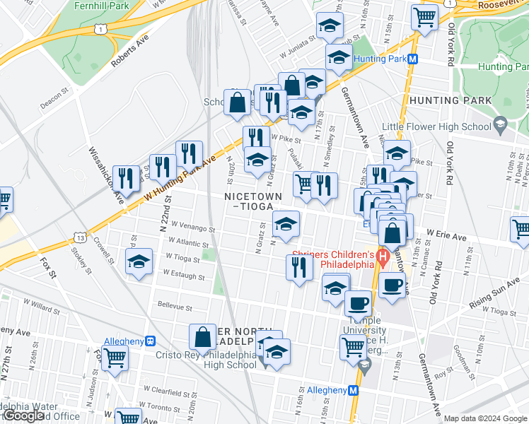 map of restaurants, bars, coffee shops, grocery stores, and more near 3621 North 19th Street in Philadelphia