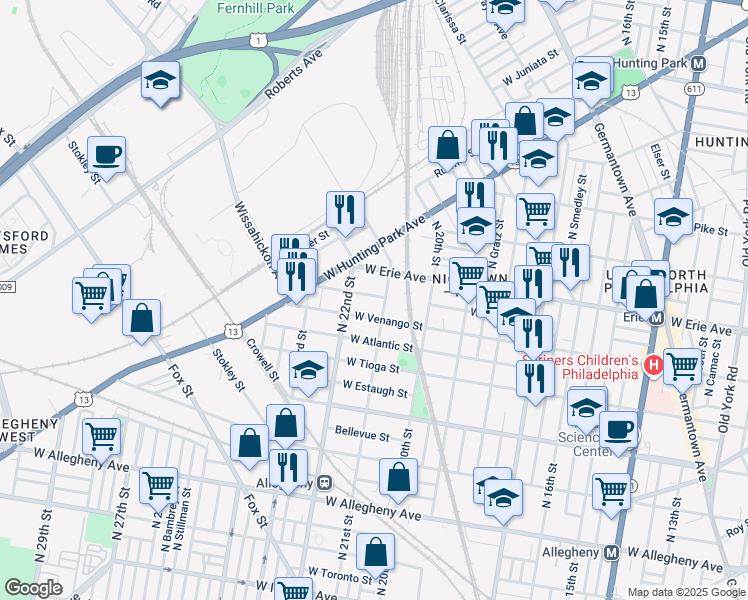 map of restaurants, bars, coffee shops, grocery stores, and more near 2126 West Pacific Street in Philadelphia