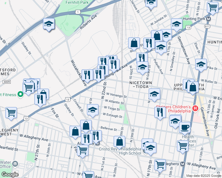 map of restaurants, bars, coffee shops, grocery stores, and more near 2126 West Pacific Street in Philadelphia
