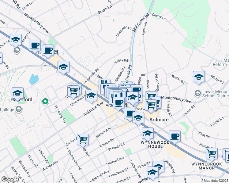 map of restaurants, bars, coffee shops, grocery stores, and more near 16 West Montgomery Avenue in Ardmore
