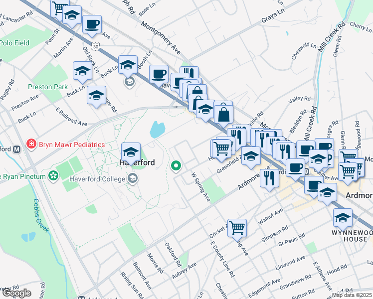 map of restaurants, bars, coffee shops, grocery stores, and more near 316 Locust Avenue in Ardmore