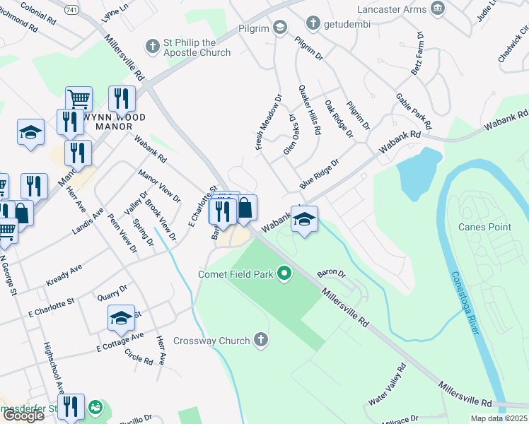 map of restaurants, bars, coffee shops, grocery stores, and more near 2101 Wabank Road in Millersville