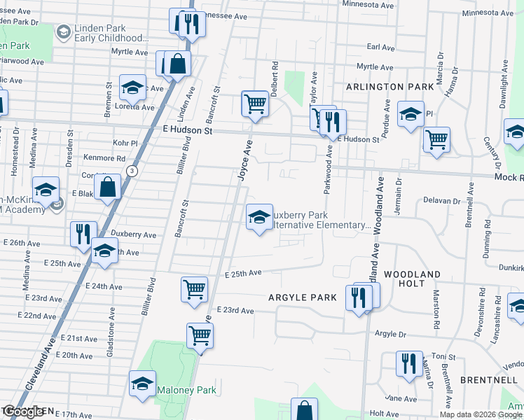 map of restaurants, bars, coffee shops, grocery stores, and more near 1814 East Maynard Avenue in Columbus