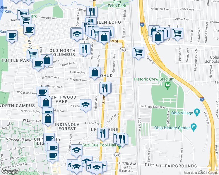 map of restaurants, bars, coffee shops, grocery stores, and more near 382 East Oakland Avenue in Columbus