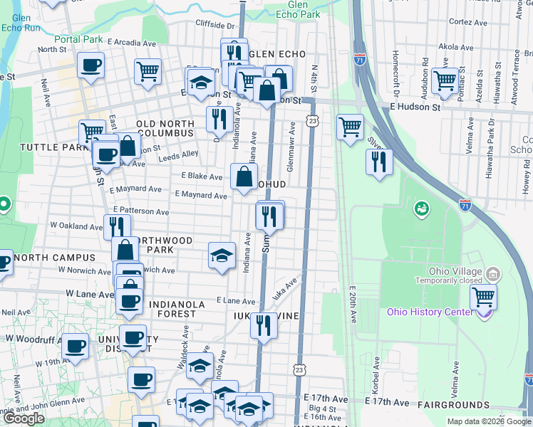 map of restaurants, bars, coffee shops, grocery stores, and more near 2253 Summit Street in Columbus