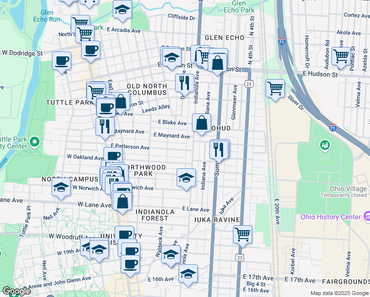 map of restaurants, bars, coffee shops, grocery stores, and more near 215 East Patterson Avenue in Columbus