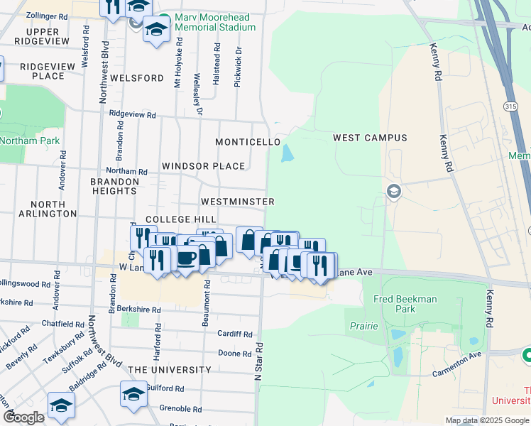 map of restaurants, bars, coffee shops, grocery stores, and more near 2557 North Star Road in Upper Arlington