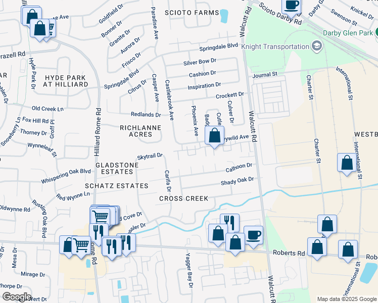 map of restaurants, bars, coffee shops, grocery stores, and more near 5105 Singleton Drive in Hilliard