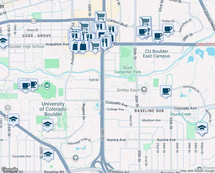 map of restaurants, bars, coffee shops, grocery stores, and more near 2800 Sundown Lane in Boulder