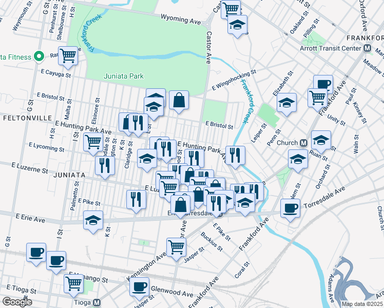 map of restaurants, bars, coffee shops, grocery stores, and more near 4132 Markland Street in Philadelphia