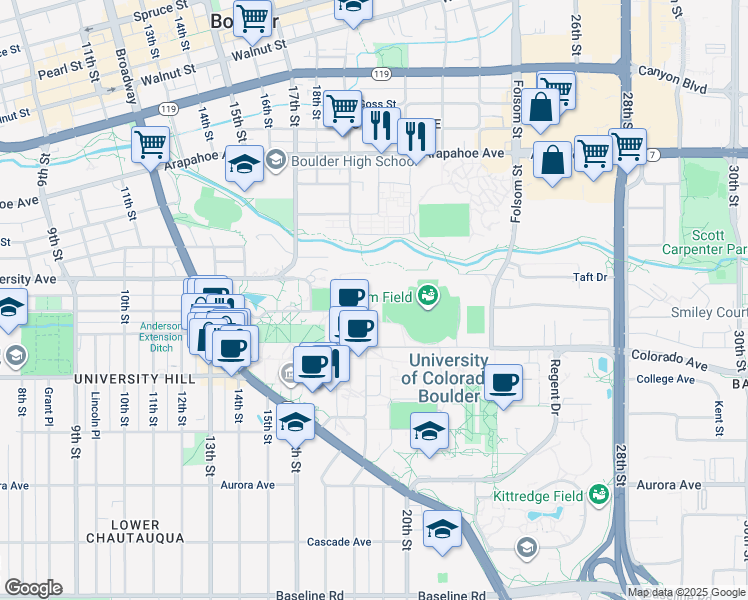 map of restaurants, bars, coffee shops, grocery stores, and more near 1835 Pleasant Street in Boulder