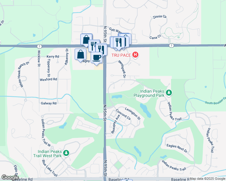 map of restaurants, bars, coffee shops, grocery stores, and more near 1338 Wasatch Point in Lafayette