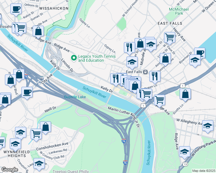 map of restaurants, bars, coffee shops, grocery stores, and more near 4333 Kelly Drive in Philadelphia