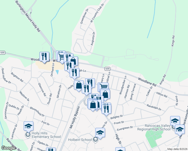 map of restaurants, bars, coffee shops, grocery stores, and more near 210 Curlew Lane in Mount Holly