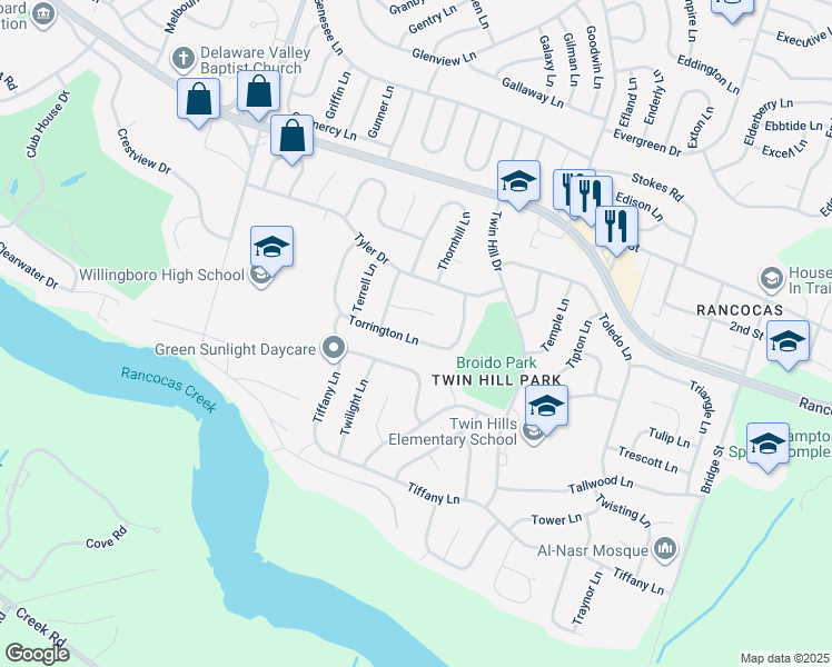 map of restaurants, bars, coffee shops, grocery stores, and more near 90 Torrington Lane in Willingboro
