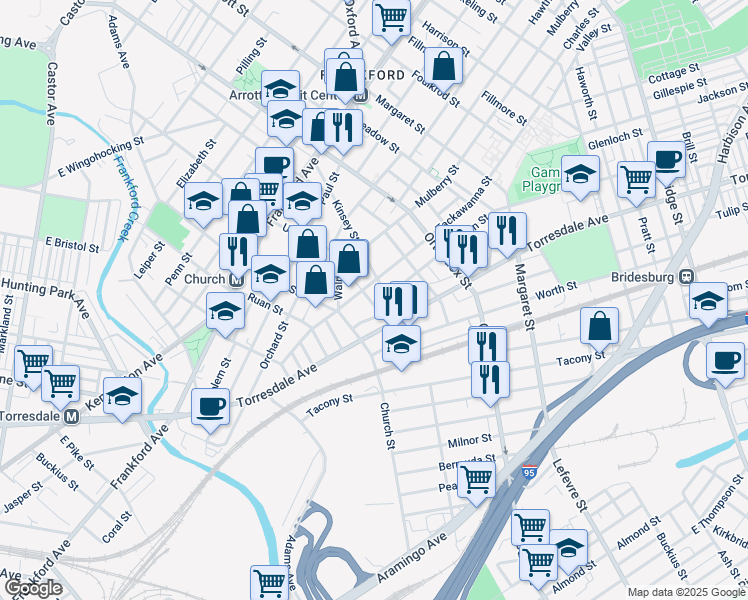 map of restaurants, bars, coffee shops, grocery stores, and more near 1923 John Street in Philadelphia