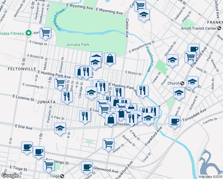 map of restaurants, bars, coffee shops, grocery stores, and more near 4132 Markland Street in Philadelphia