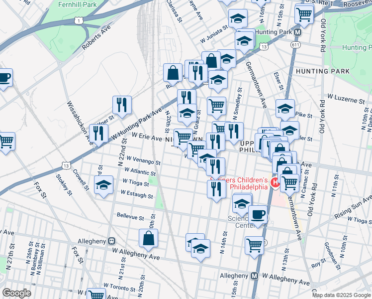 map of restaurants, bars, coffee shops, grocery stores, and more near 3637 North 19th Street in Philadelphia