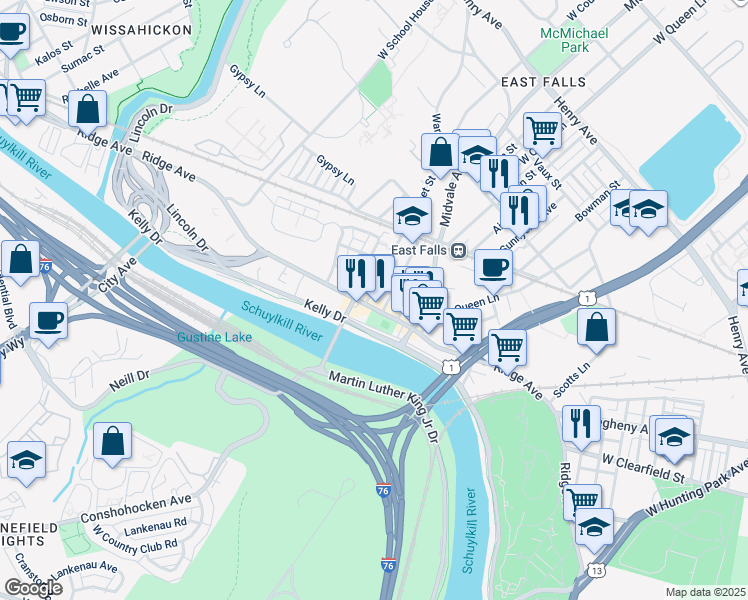 map of restaurants, bars, coffee shops, grocery stores, and more near 4255 Ridge Avenue in Philadelphia