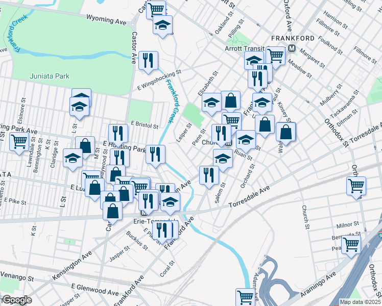 map of restaurants, bars, coffee shops, grocery stores, and more near 4213 Penn Street in Philadelphia