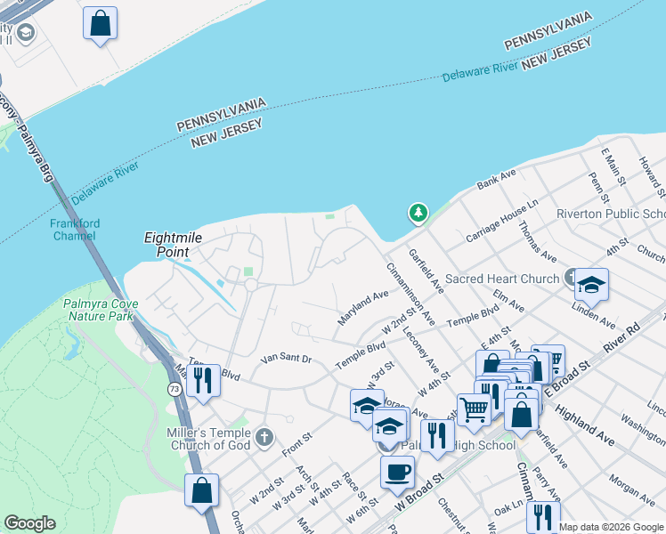 map of restaurants, bars, coffee shops, grocery stores, and more near 1113 Harbour Drive in Palmyra