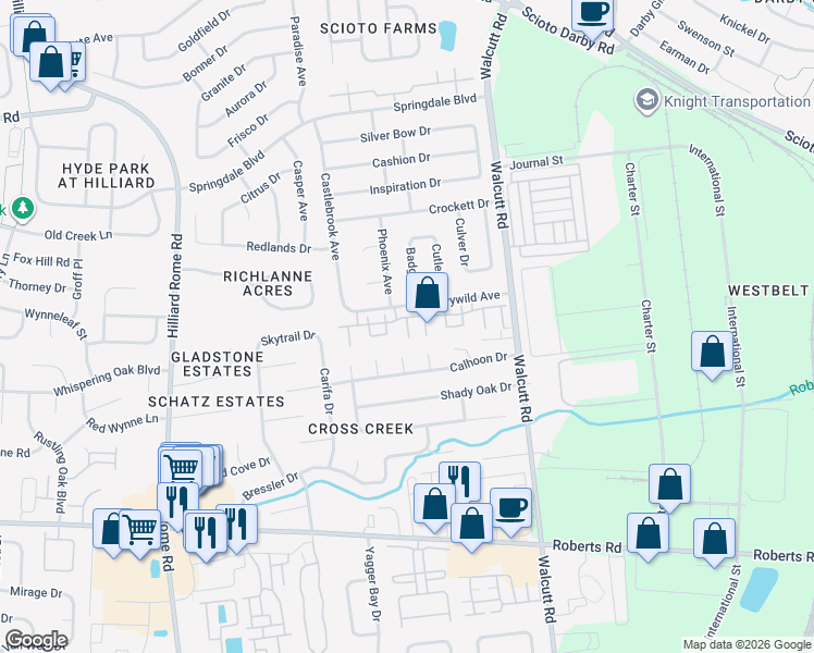 map of restaurants, bars, coffee shops, grocery stores, and more near 5105 Singleton Drive in Hilliard