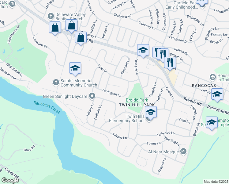 map of restaurants, bars, coffee shops, grocery stores, and more near 90 Torrington Lane in Willingboro