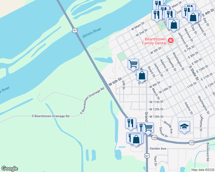 map of restaurants, bars, coffee shops, grocery stores, and more near Highway 100 in Beardstown