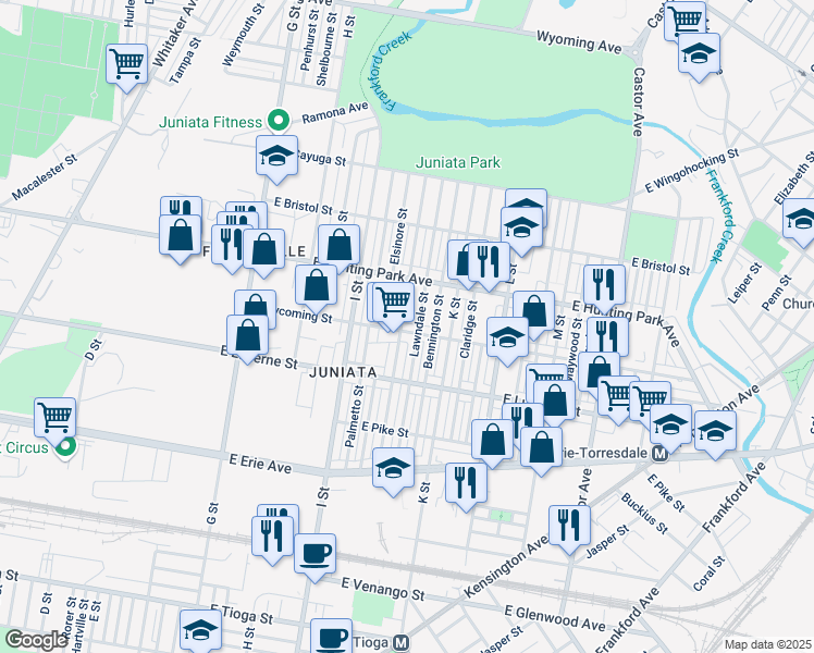 map of restaurants, bars, coffee shops, grocery stores, and more near 4043 J Street in Philadelphia