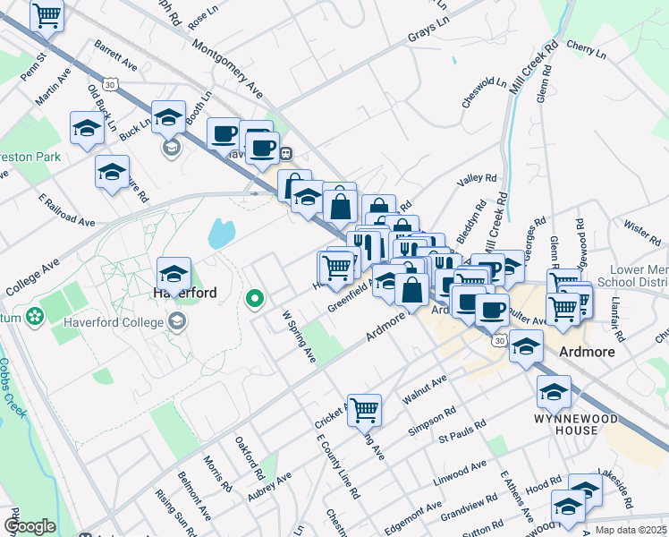 map of restaurants, bars, coffee shops, grocery stores, and more near 33 Holland Avenue in Ardmore