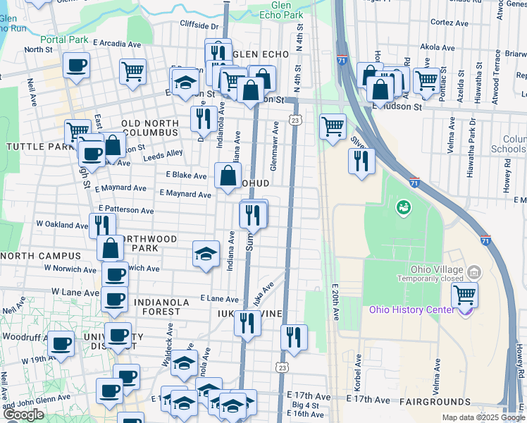 map of restaurants, bars, coffee shops, grocery stores, and more near 382 East Oakland Avenue in Columbus