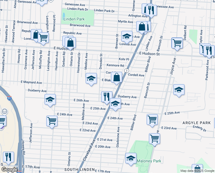 map of restaurants, bars, coffee shops, grocery stores, and more near 1410 East Maynard Avenue in Columbus